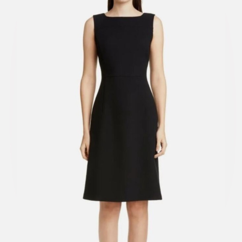 NWT Lafayette 148 crepe bateau neck shift dress 100% wool black size 8 office - Picture 1 of 9